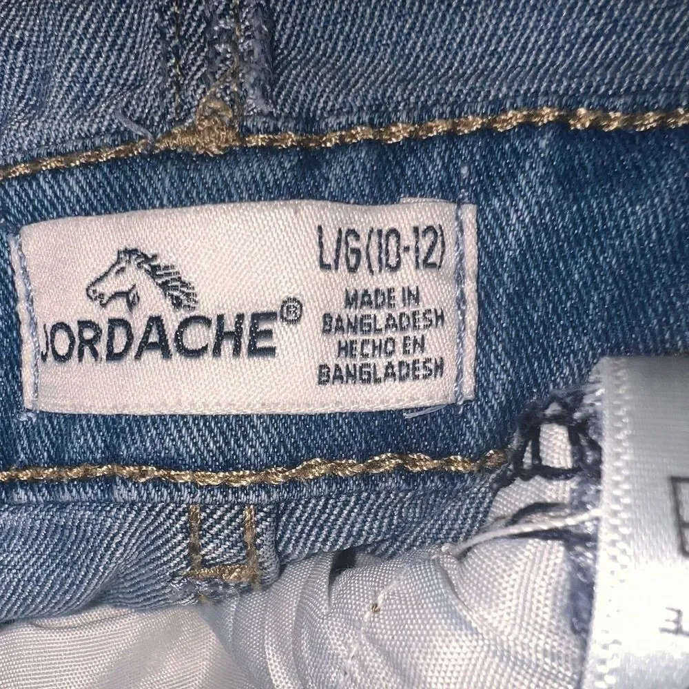 JORDACHE Bib Overall Shorts Blue Denim Girls Large 10-12 Sequins Heart Stars